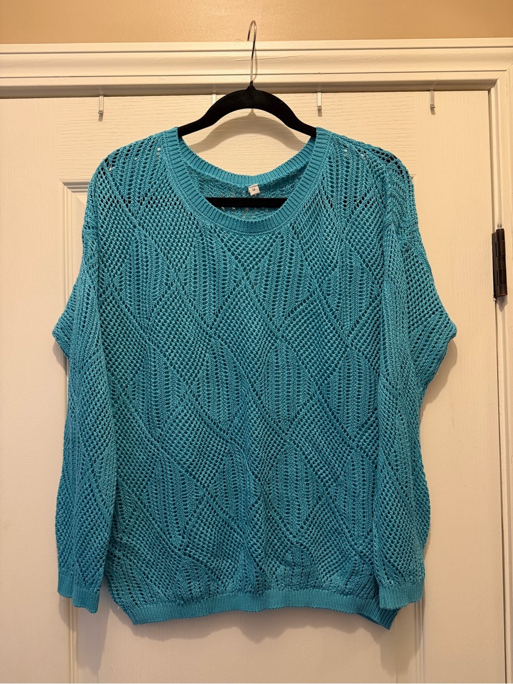 Turquoise Open Knit Sweater Geometric Texture Size M